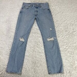 Levis Pants Mens 32x30 Blue 501 Button Fly Light Wash Distressed Denim Jeans Men